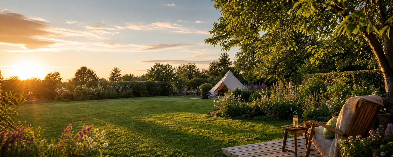 Rustige tuin met fruitbomen om kleinschalig te kamperen